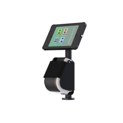X Desk + Label Tablet Desk Stand with Integrated Label Printer Bolt Down Blue Screen