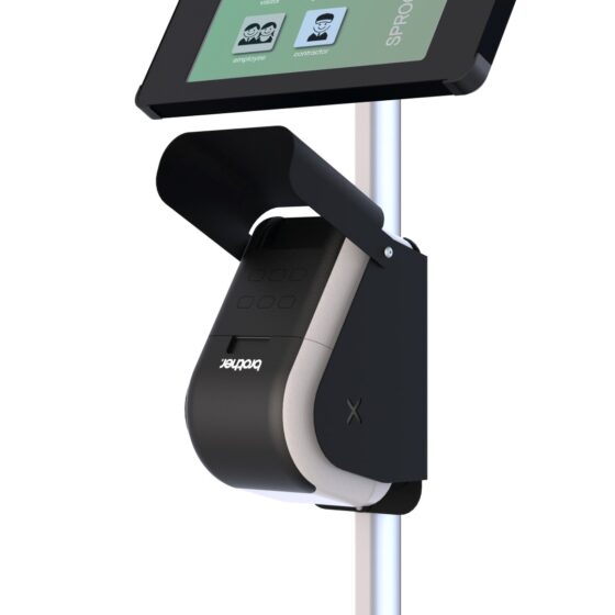 X Floor + Label Integrated Floor Stand for iPad and Brother Label Printer viewed with printer cover open