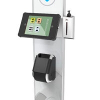 X Display Branded iPad and Tablet Stand with Integrated Label Printer and Hand Sanitiser Front View