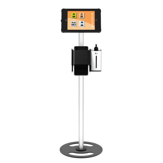X Floor iPad and Tablet Stand with Integrated Label Printer and Hand Sanitiser Front View