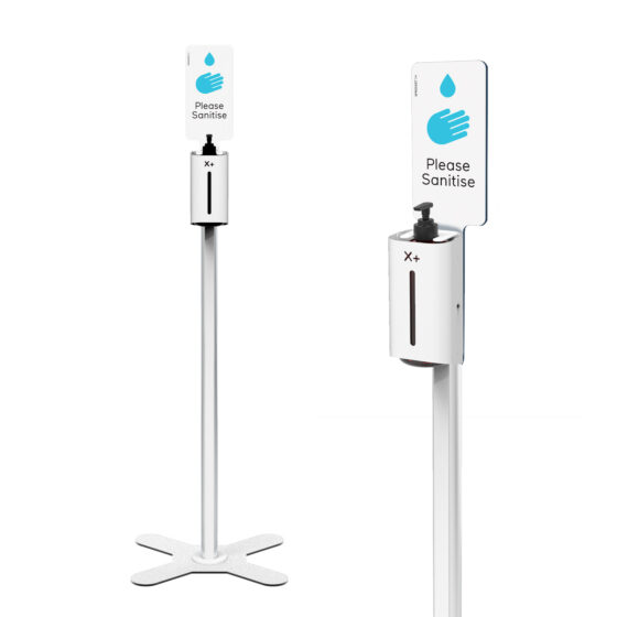 X+ Pedestal Hand Sanitiser Floor Stand Overall and Close up with Standard White and Aqua Sign