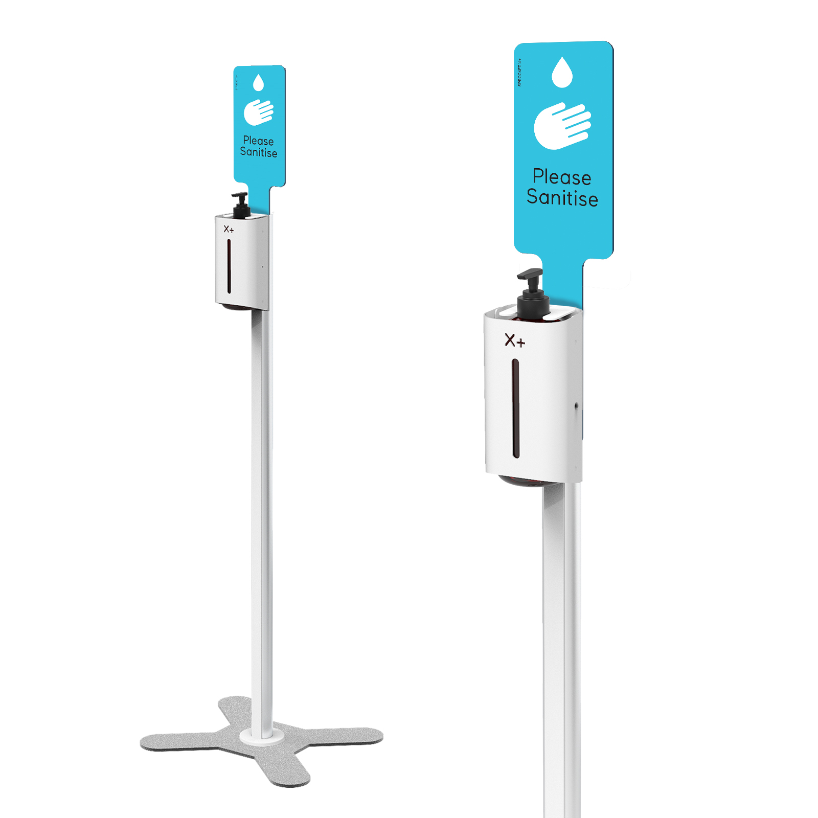 X+ Hand Sanitiser Floor Stand Overall and Close up with Aqua Blue Sign