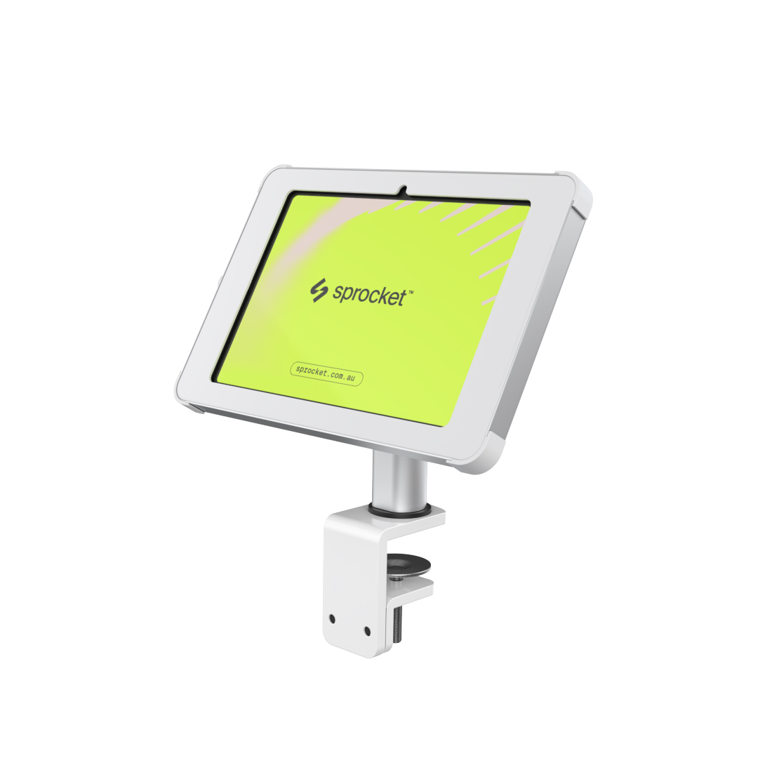 X Counter Clamp tablet mount to fix to counter without screws white and silver front angle