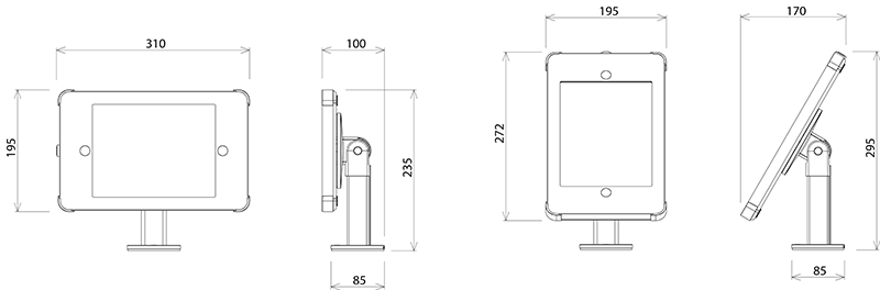 X Desk Mount for 10 inch iPads and Tablets Dimensional Drawing