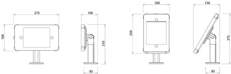 X Desk Mount for iPad Mini and Galaxy Tab A 8 Dimensional Drawing