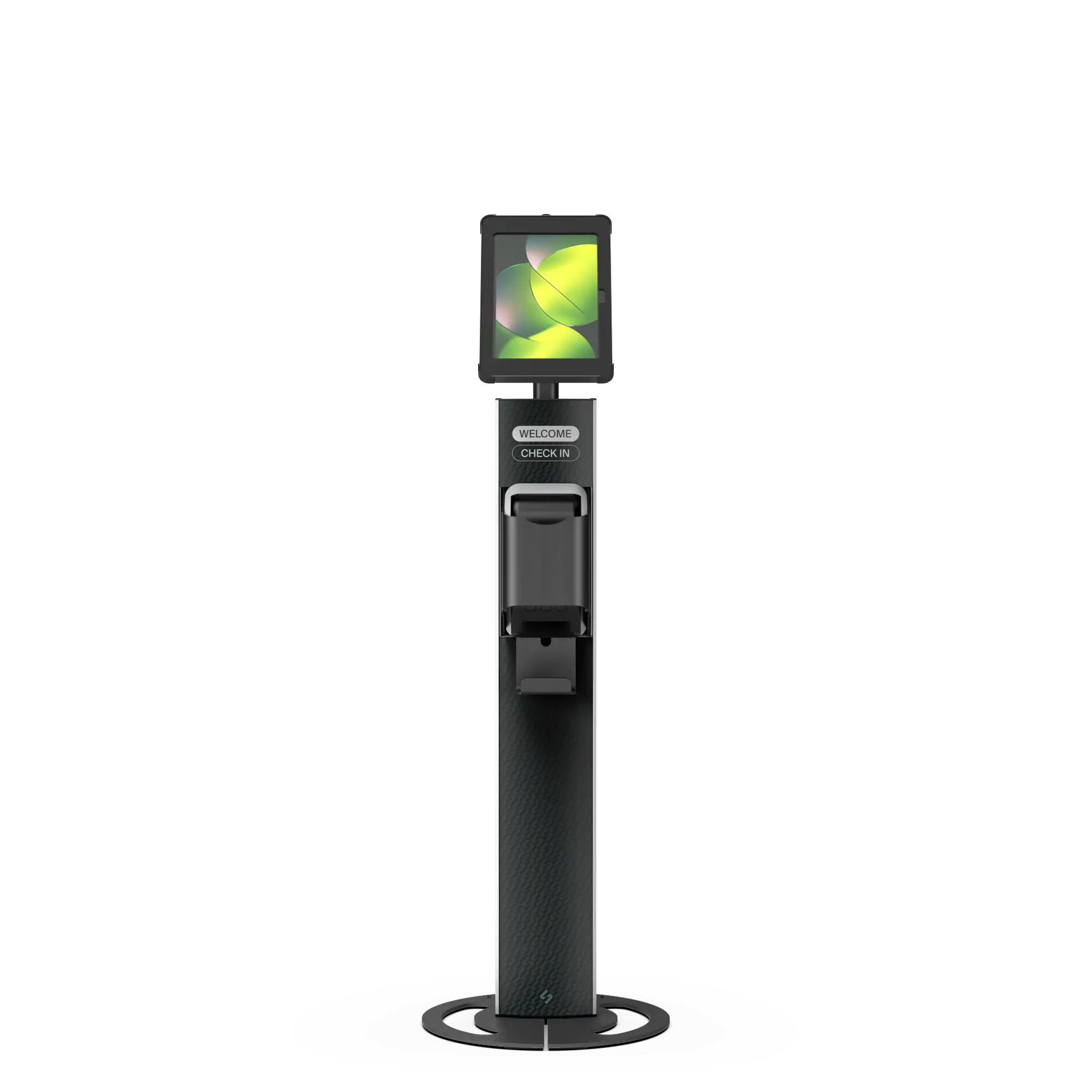 T-Print 10 black freestanding tablet and label printer kiosk front view