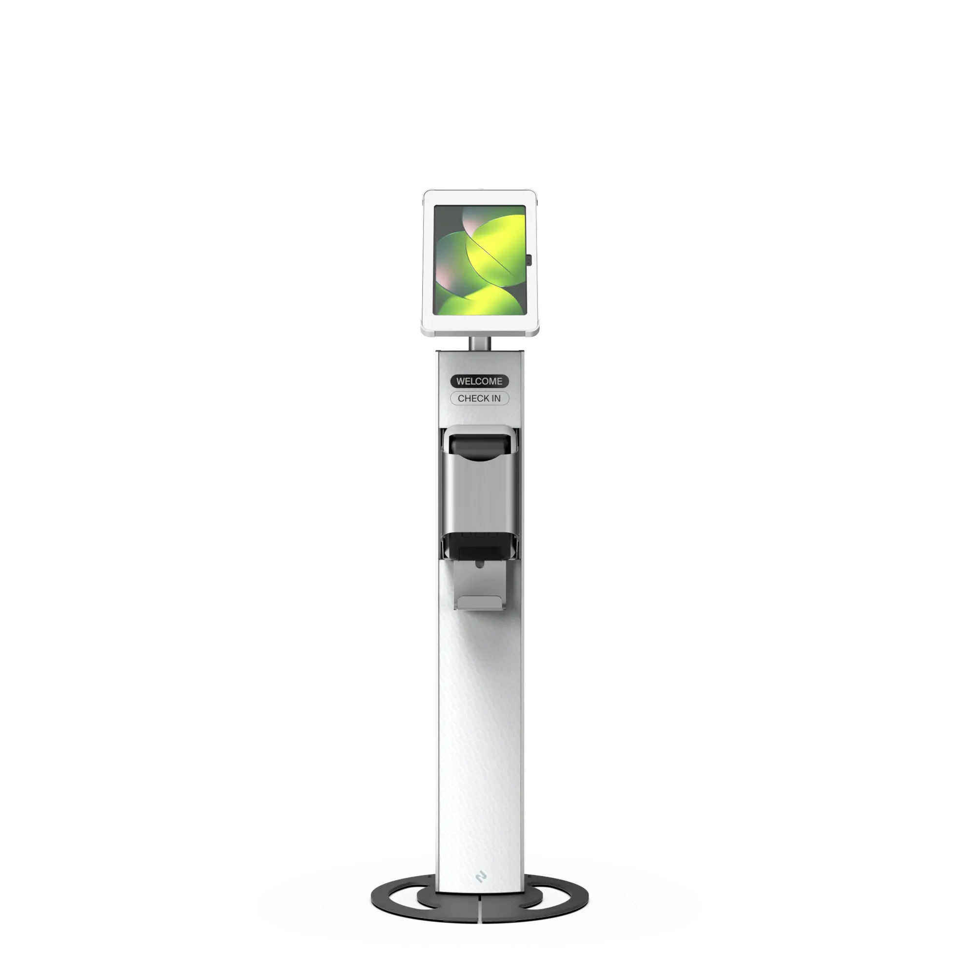 T-Print 10 white freestanding tablet and label printer kiosk front view
