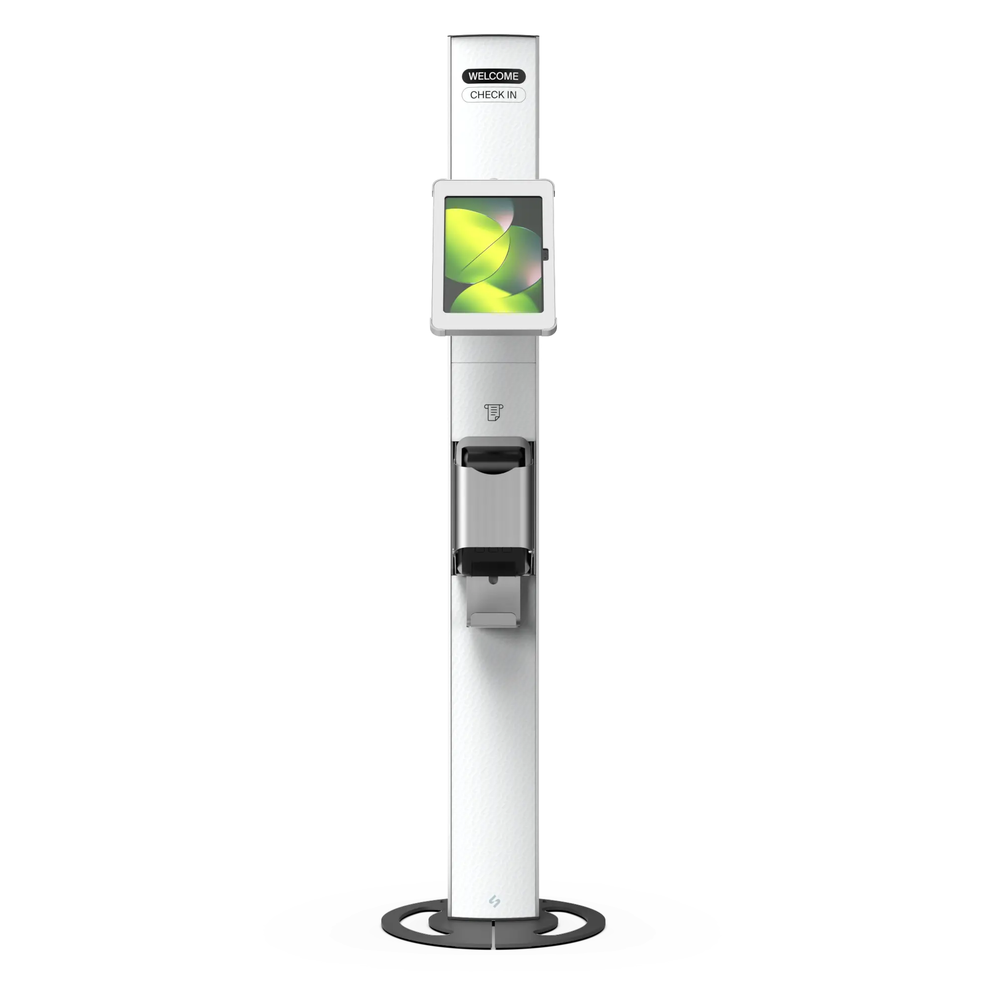 T-Print 15 white freestanding tablet and label printer kiosk front view