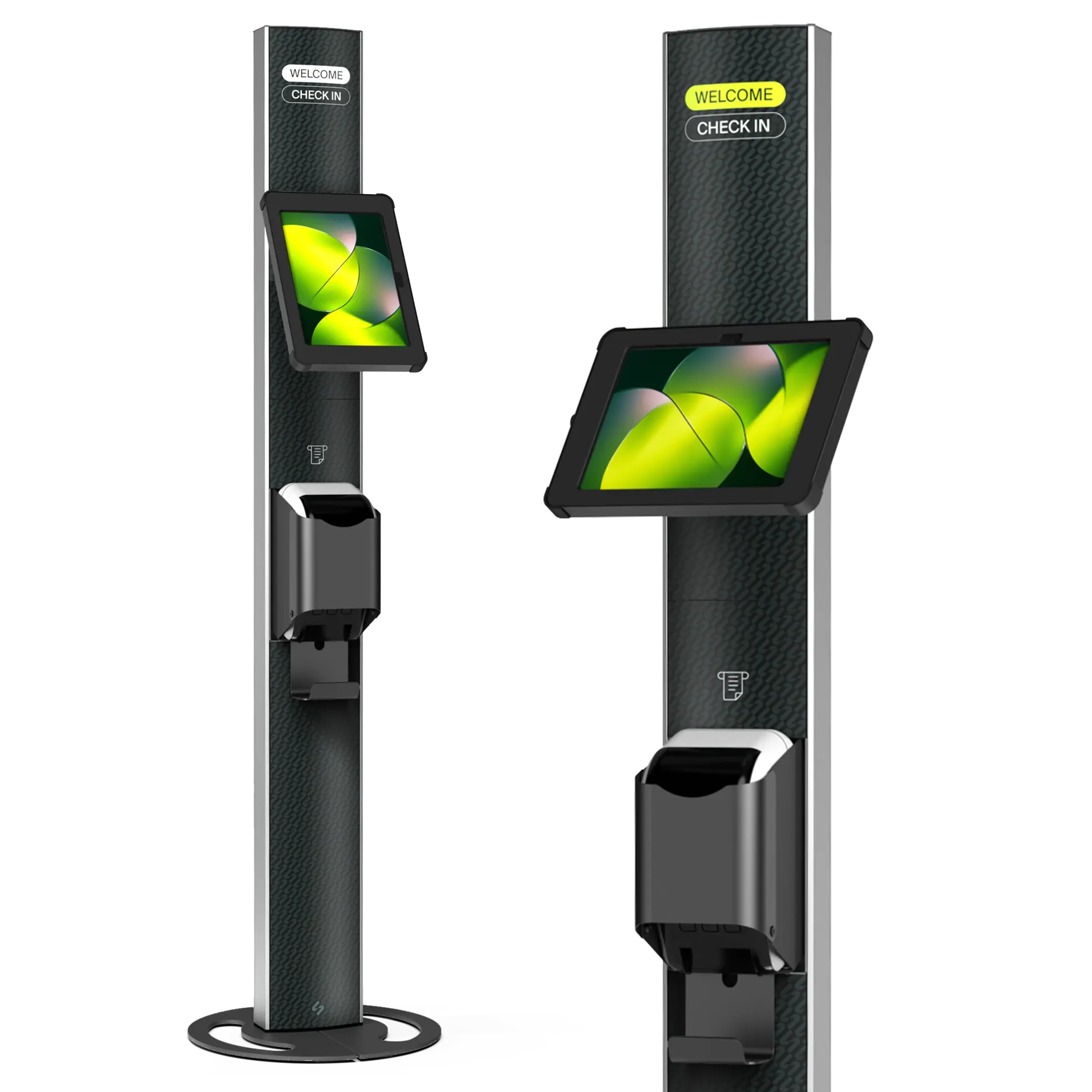 T-Print 15 black freestanding tablet and label printer kiosk shown in portrait and landscape with interchangeable graphic panels