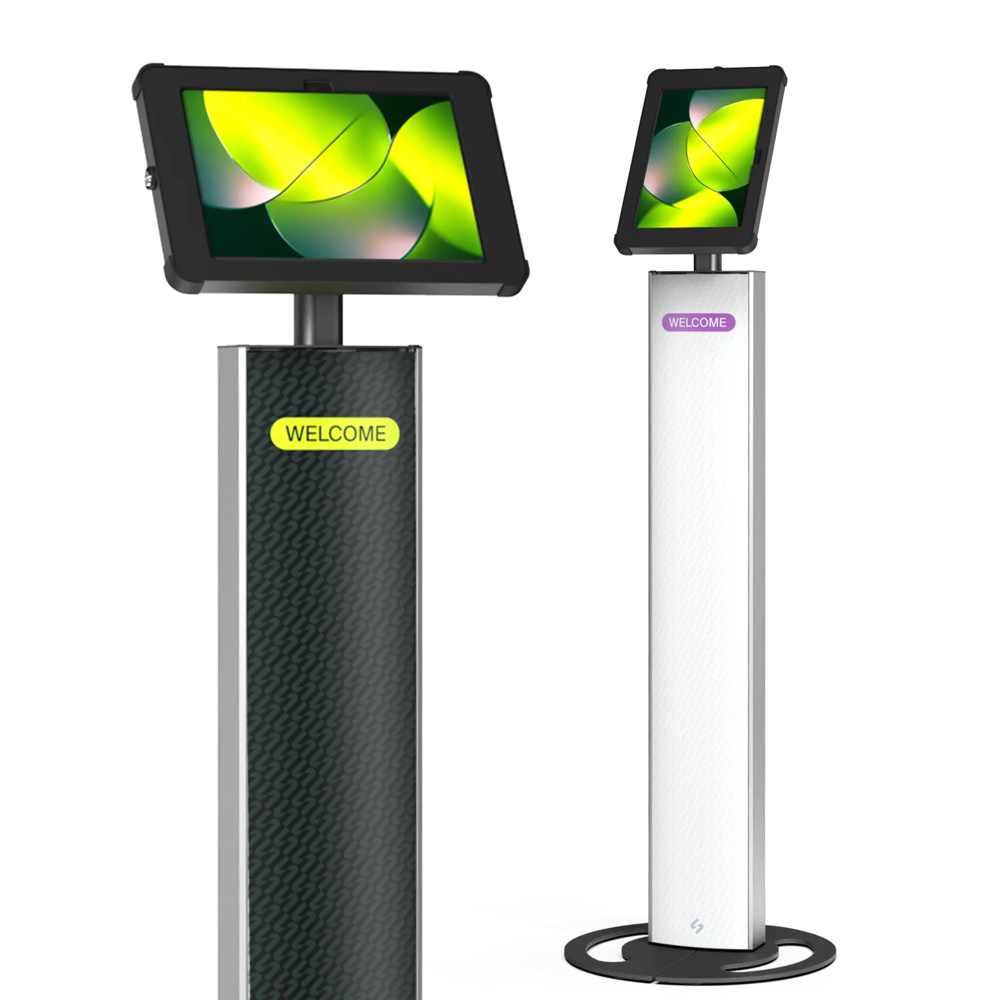 T-Totem 10 black freestanding tablet kiosk shown in portrait and landscape with interchangeable graphic panels