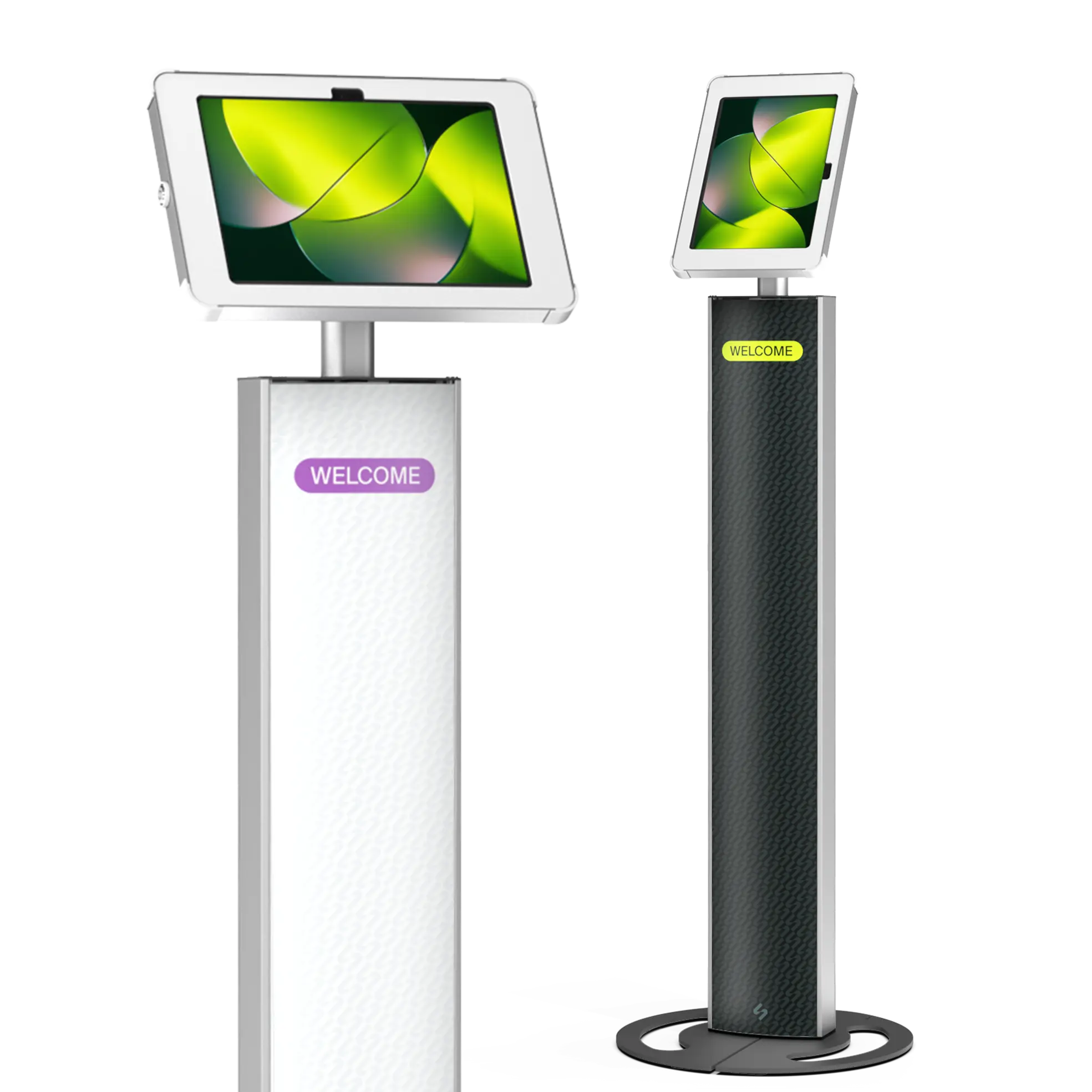 T-Totem 10 white freestanding tablet kiosk shown in portrait and landscape with interchangeable graphic panels