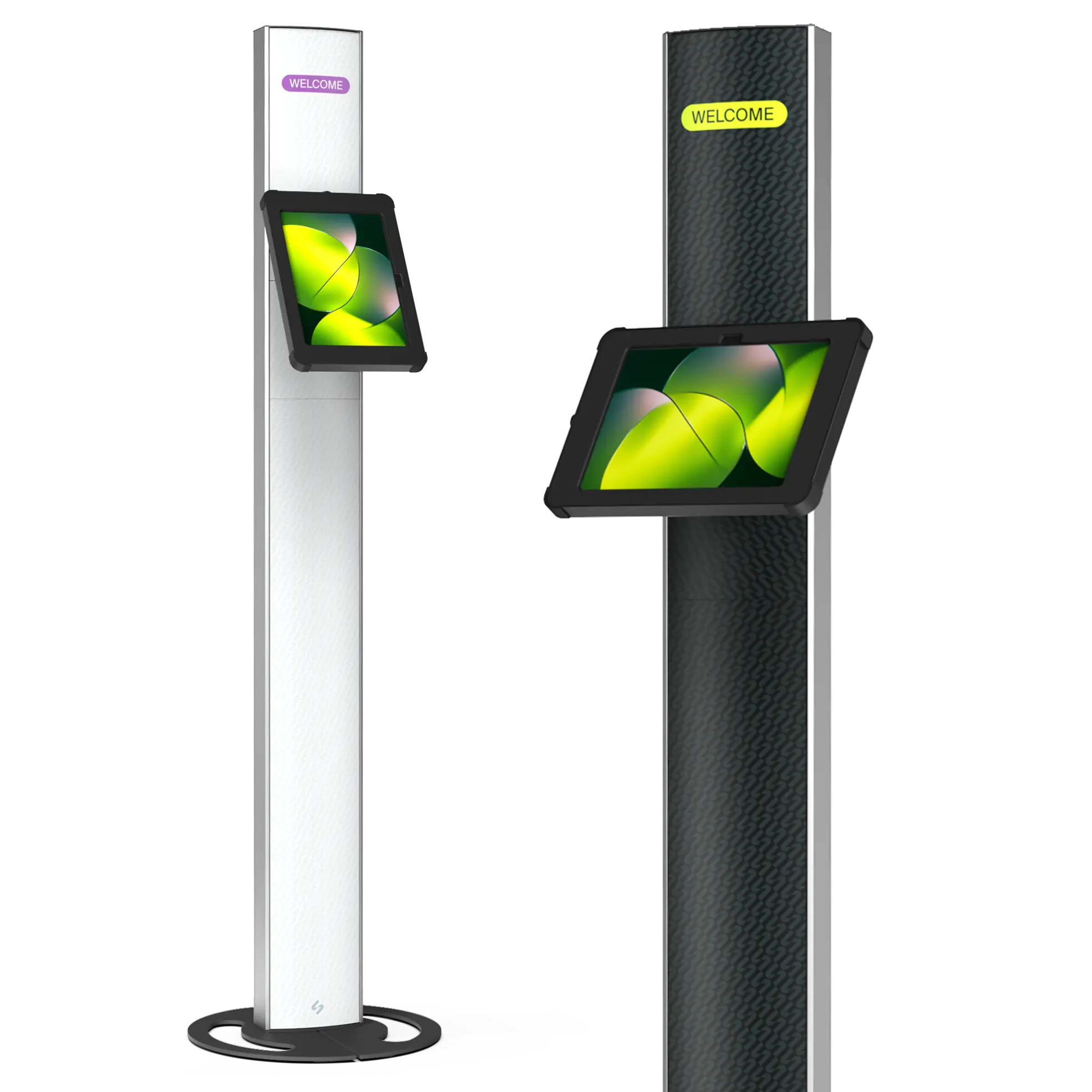T-Totem 15 black freestanding tablet kiosk shown in portrait and landscape with interchangeable graphic panels