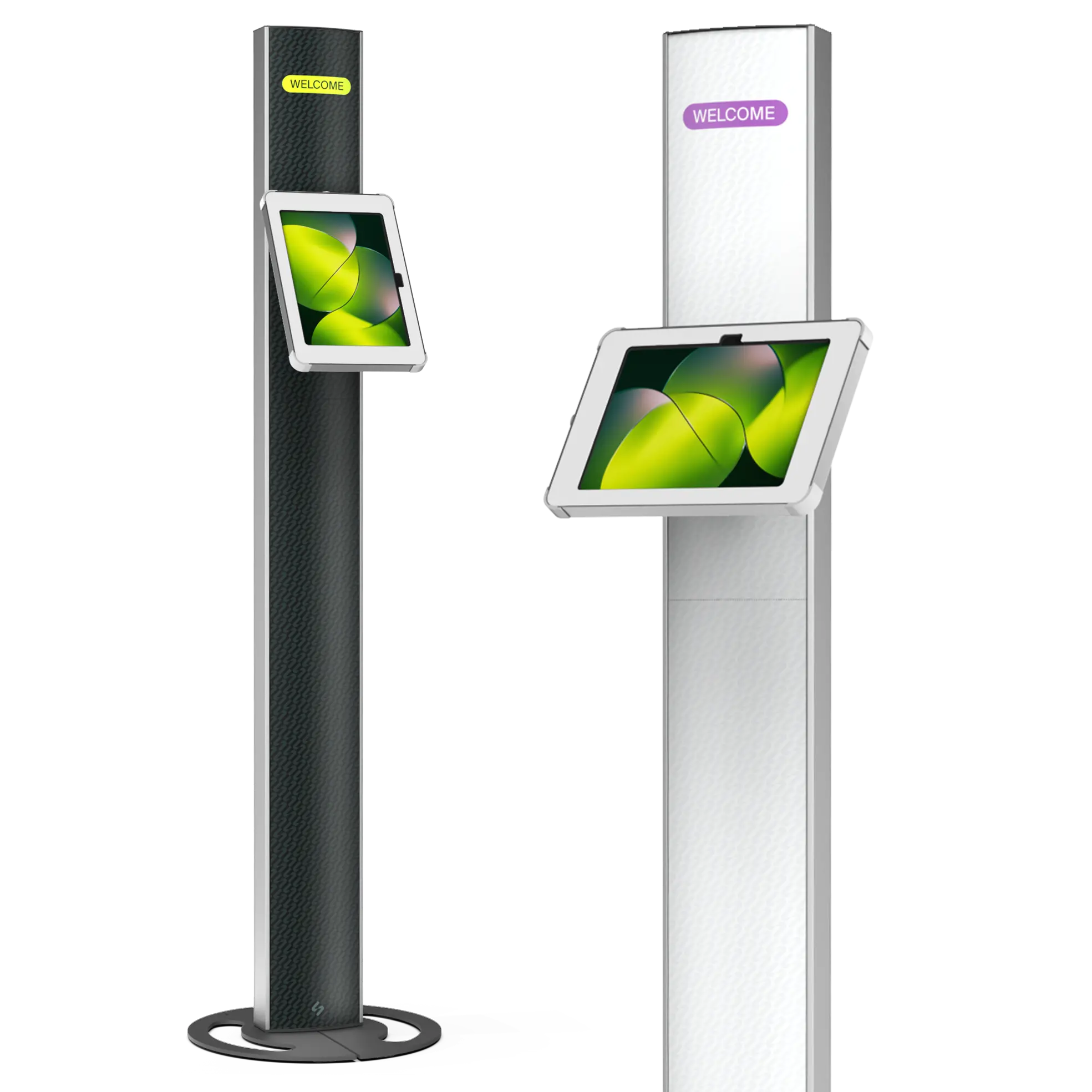 T-Totem 15 white freestanding tablet kiosk shown in portrait and landscape with interchangeable graphic panels