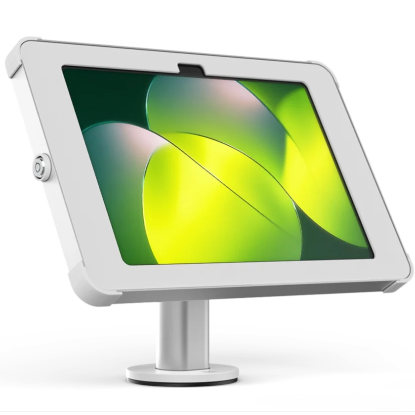 Secure white and silver desk mount for tablet with key lock, concealed cables and adjustable screen angle, by Sprocket