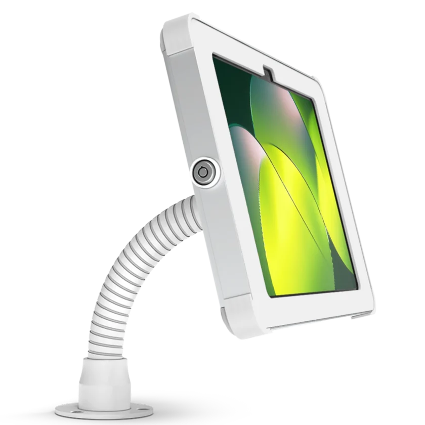 A white tablet on a flexible gooseneck stand.