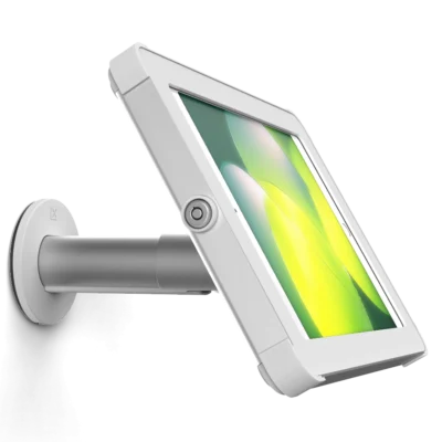 Secure, adjustable, white and silver tablet wall mount with key lock and concealed cables, by Sprocket