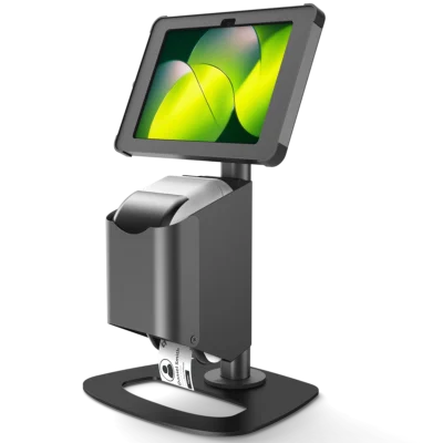 Compact desktop stand for tablet and Brother label printer, with key lock and concealed cables, by Sprocket