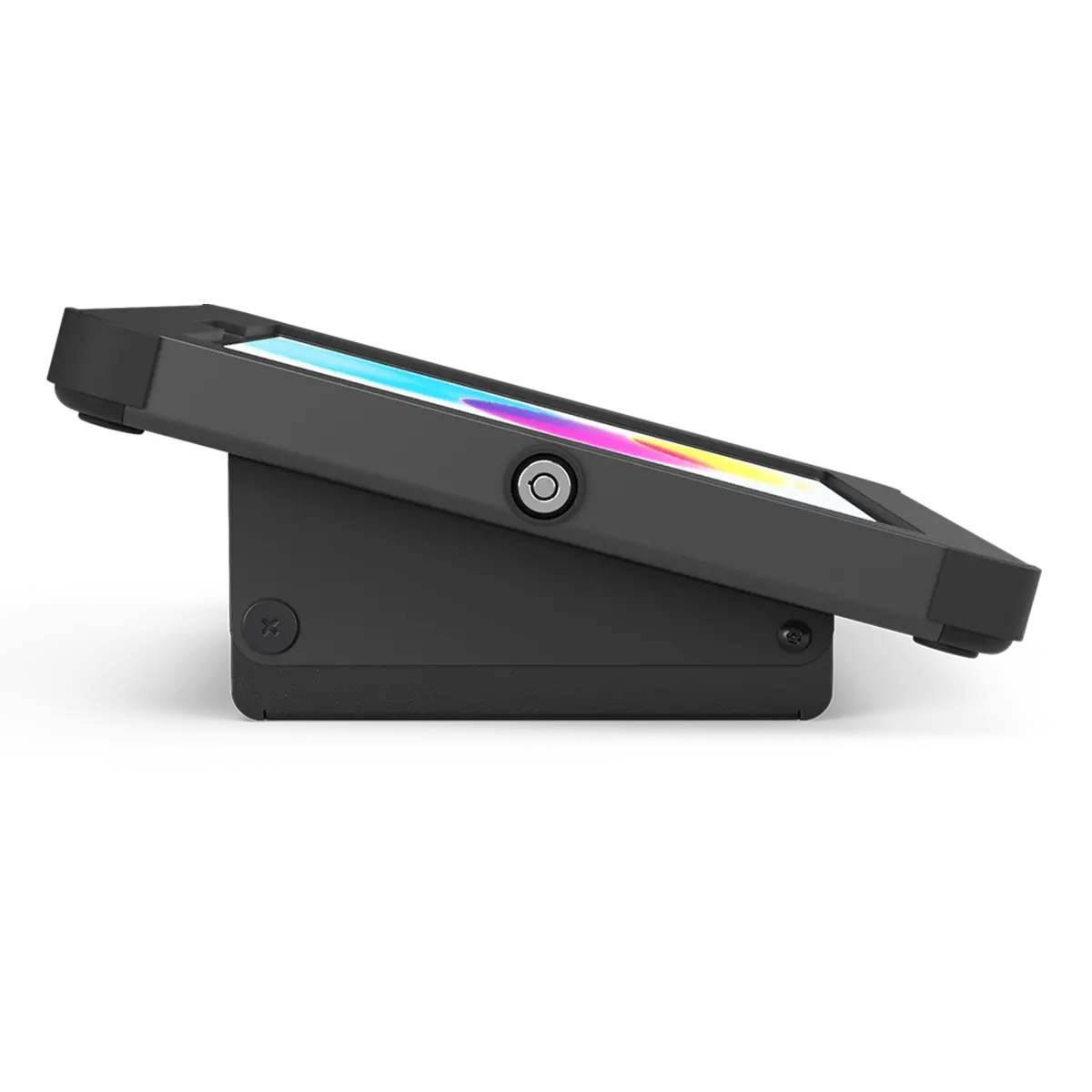 Secure iPad counter mount with storage for connectors, splitters and adaptors including POE, X Pod in black, by Sprocket