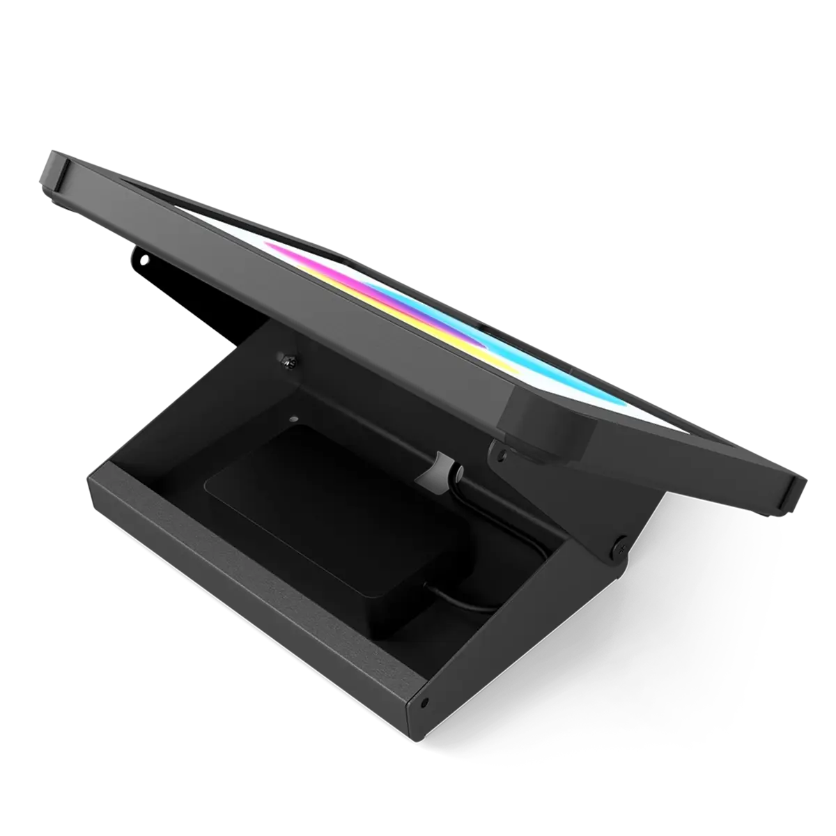 Black secure fixed angle iPad desk mount with dedicated storage area for peripheral devices, key locked, by Sprocket