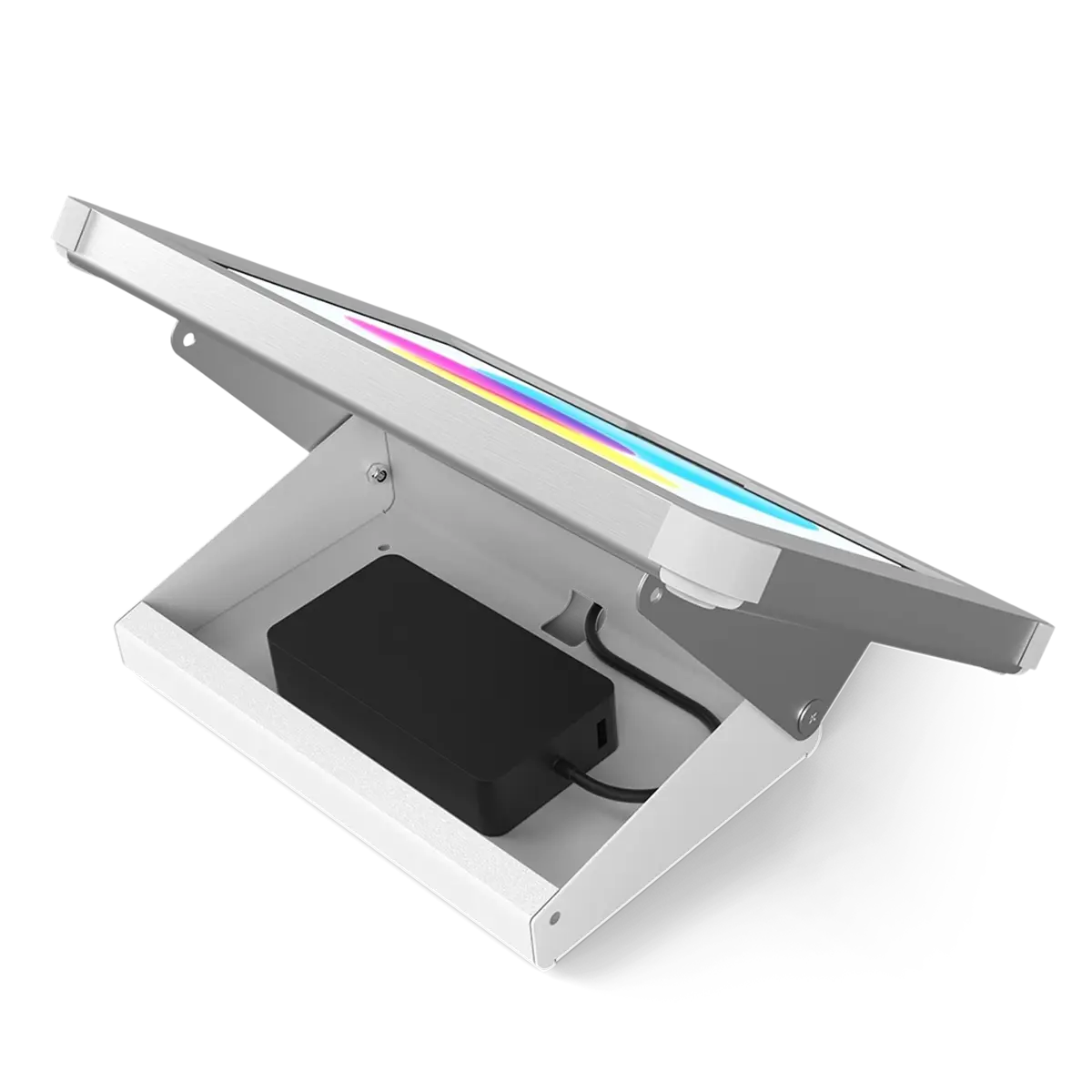 The X Pod by Sprocket is a secure iPad tabletop mount with a dedicated storage area for adaptors and peripherals