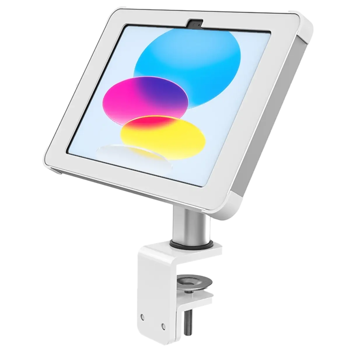 Front view Sprocket Clamp white iPad holder for desk