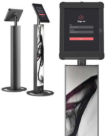 Sprocket iPad floor stand T-Totem 10 close up of screen front and rear composite view black