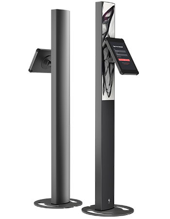 Composite view front and rear Sprocket T-Totem 15 iPad floor stand black