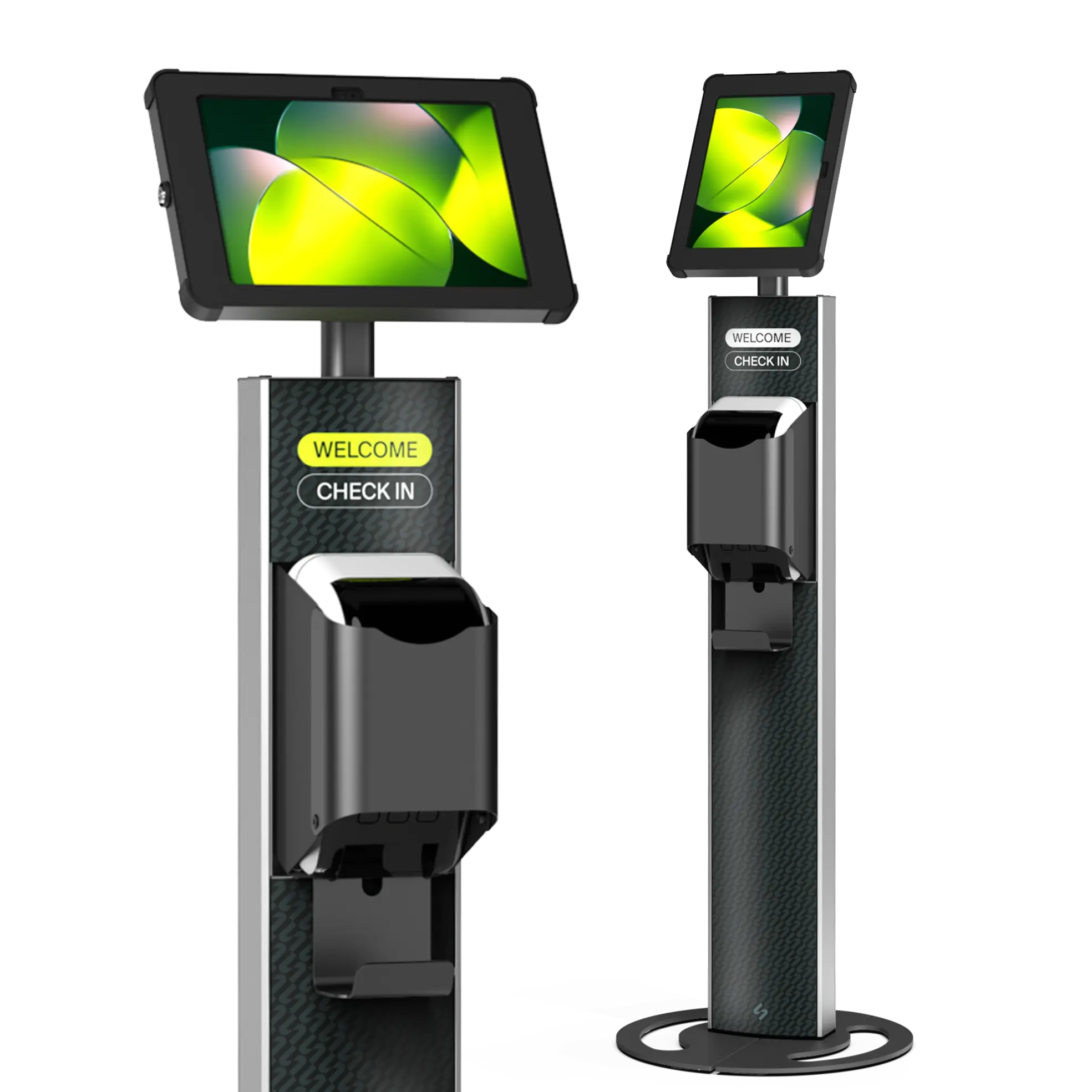 T-Print 10 black freestanding tablet and label printer kiosk shown in portrait and landscape with interchangeable graphic panels