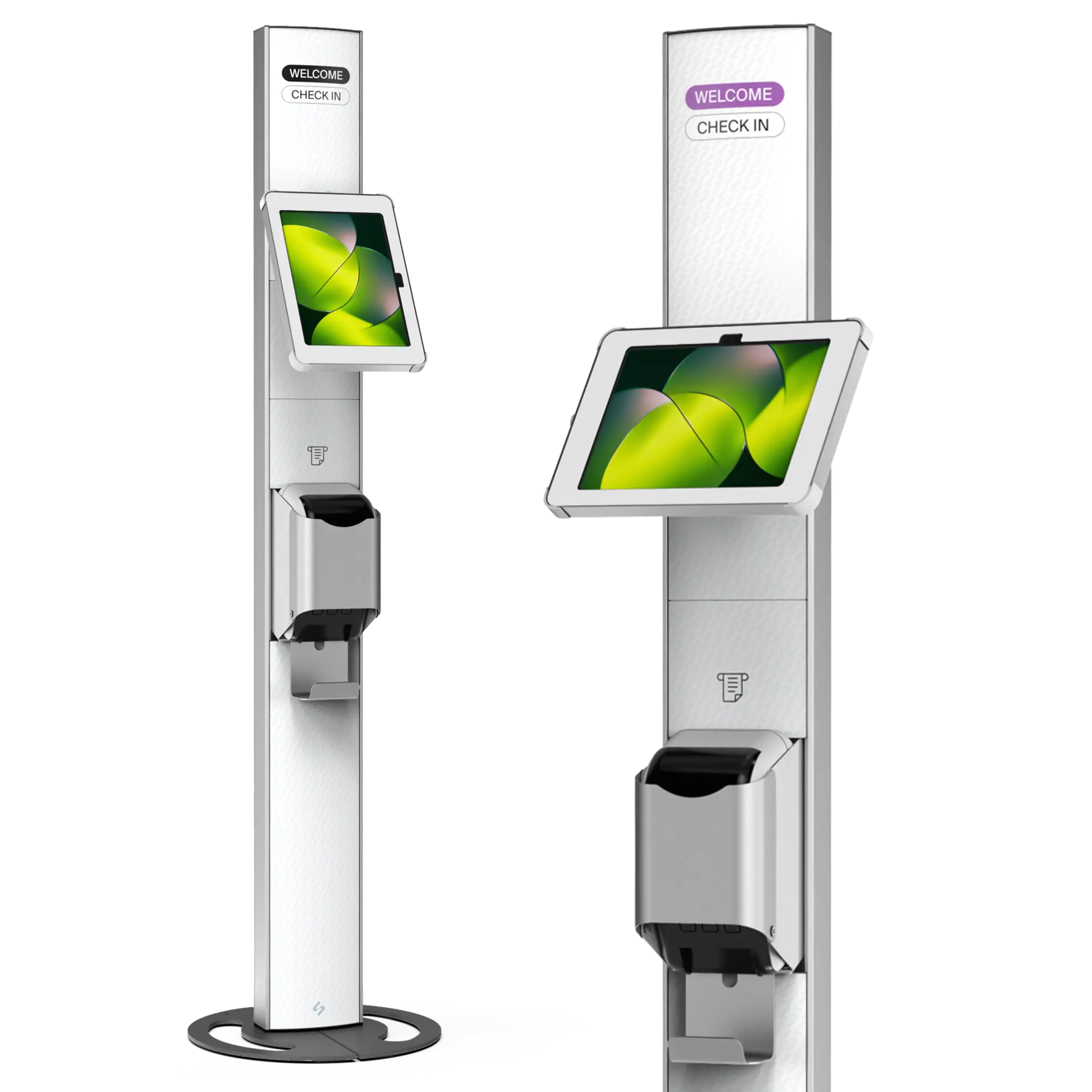 T-Print 15 white freestanding tablet and label printer kiosk shown in portrait and landscape with interchangeable graphic panels