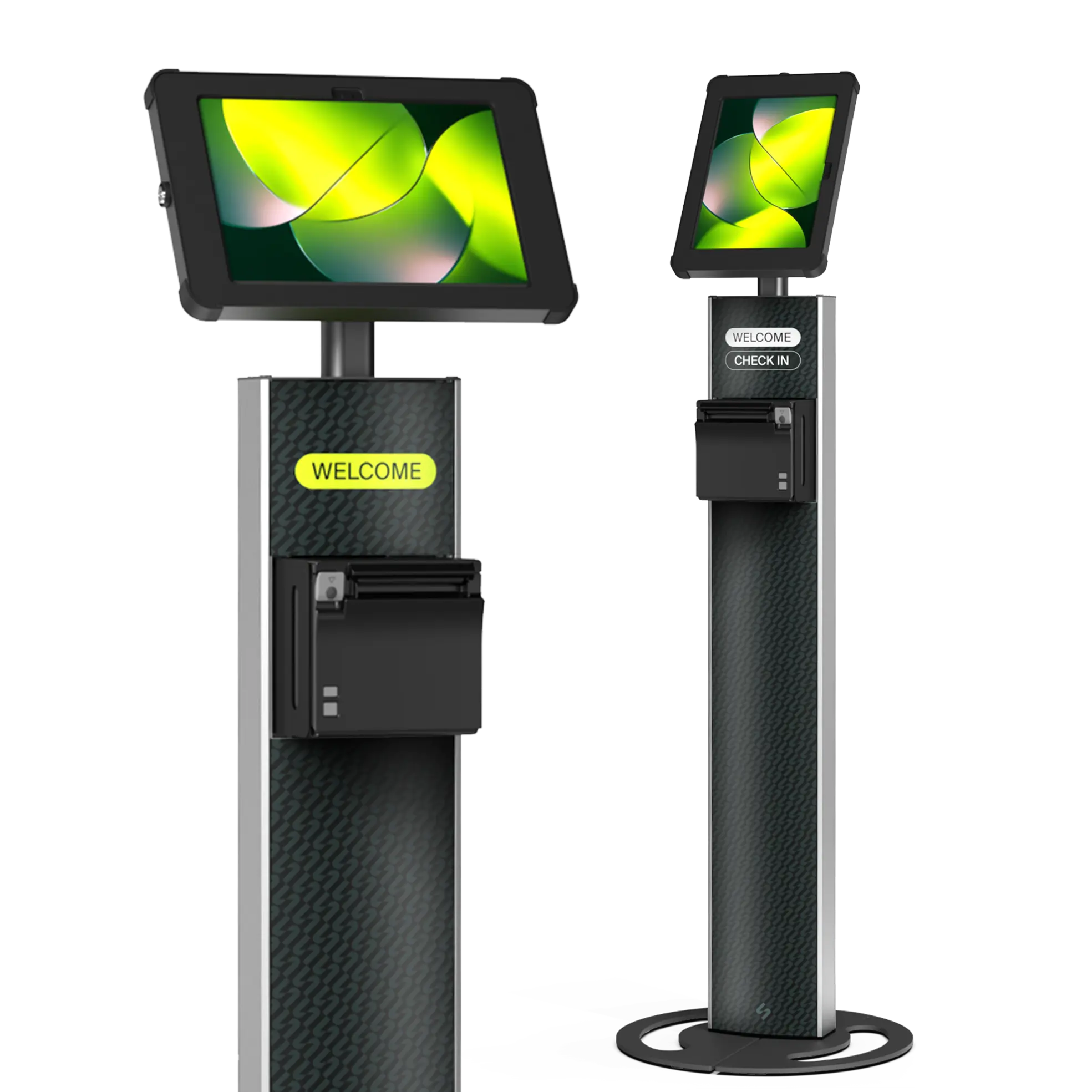 T-Ticket 10 freestanding tablet and reeipt printer kiosk shown in portrait and landscape configurations