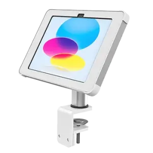 Front view Sprocket Clamp white iPad holder for desk