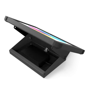 Black secure fixed angle iPad desk mount with dedicated storage area for peripheral devices, key locked, by Sprocket