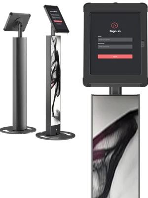 Sprocket iPad floor stand T-Totem 10 close up of screen front and rear composite view black